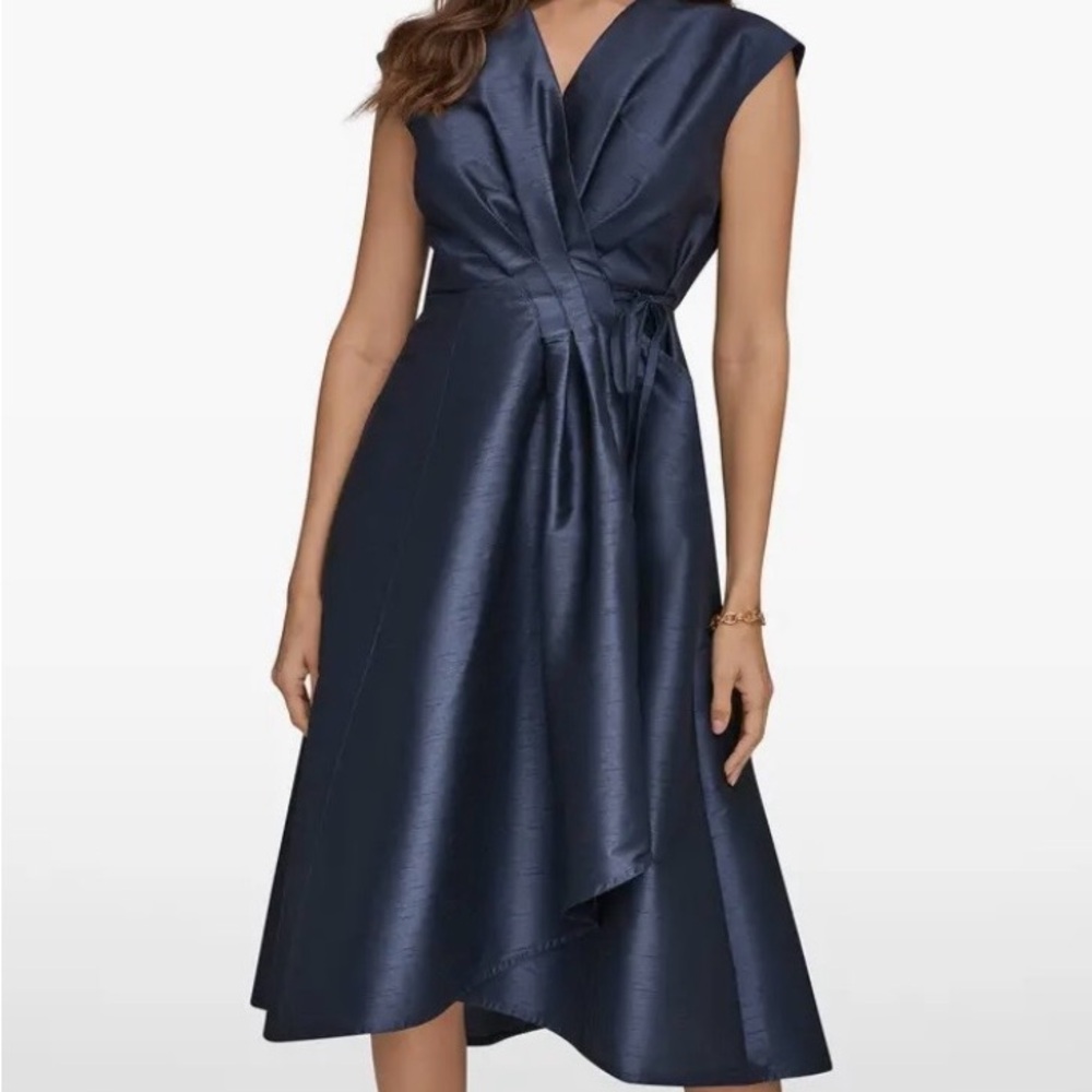 Donna Karan Teal Satin Wrap Midi Dress - Picture 4 of 9